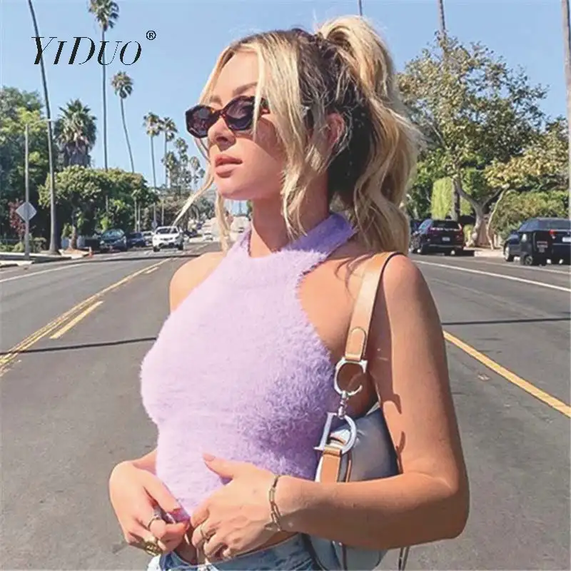 YiDuo, весенние сексуальные короткие топы из искусственного меха с открытой спиной, женская модная уличная одежда, фиолетовые вечерние Клубные майки, летние майки