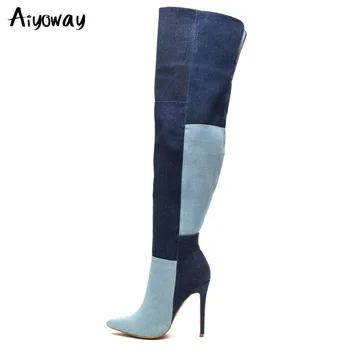 

Aiyoway Women Over The Knee High Denim Boots Blue Fashion Patchwork Zipper Long Pointy Toe Thin Heel Shoes Large Size