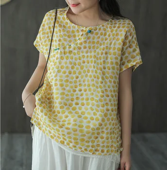 

Summer T-shirt Women Retro Loose Ramie Print Pullovers Tops 2020 O-Neck Button Short Sleeve Mori girl Casual All-match Tops