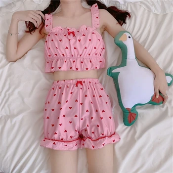 

Pajamas Women's Summer New Japanese Sweet Ruffles Lovely Vest Shorts Suit Slip Nightdress Leisure Tops Cute