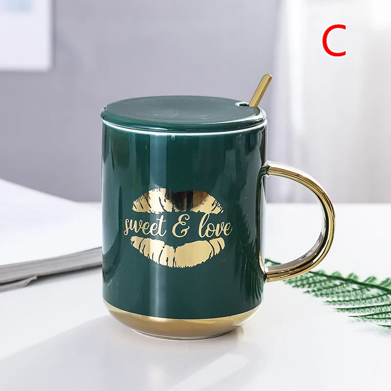 "Green Luxury" Modern Beautiful Ceramic Mug with Lid Spoon Tea Milk Coffee Cup Home Office Drinkware Waterware