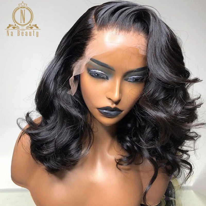 

360 Lace Frontal Wig Natural Wave Human Hair Wig 13x6 Lace Front Wigs Bleached Knots Short Medium Black Wig Nabeauty 150 Density