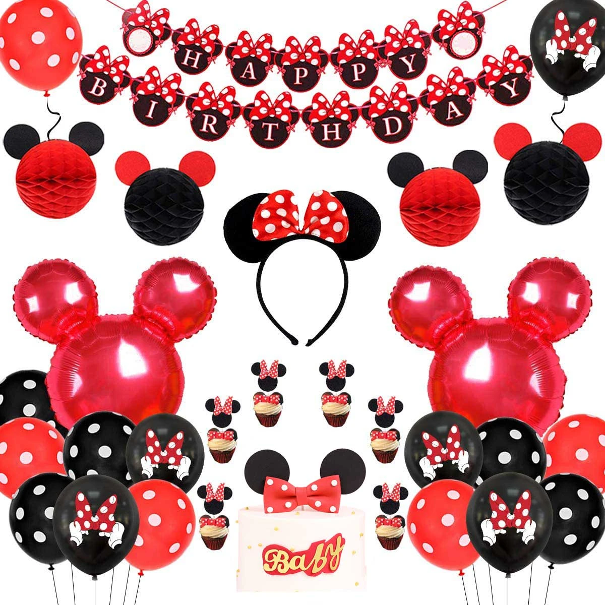 Decoraciones de fiesta de cumpleaños con temática de Minnie, pancarta de  Feliz Cumpleaños de globo negro y rojo, adornos de pastel de nido de abeja  con orejas de Minnie para fiesta|Decoraciones DIY