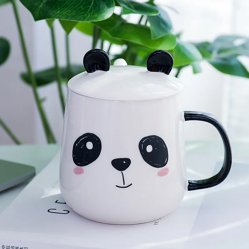 White panda Мультяшная панда творческие керамические чашки с крышкой Ложка Студенческая Милая чашка офисная чашка для кофе и молока парные чашки - Цвет: White panda