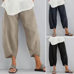 ZANZEA винтажные женские хлопковые льняные широкие брюки Женские однотонные Асимметричные повседневные длинные брюки Карманы эластичная