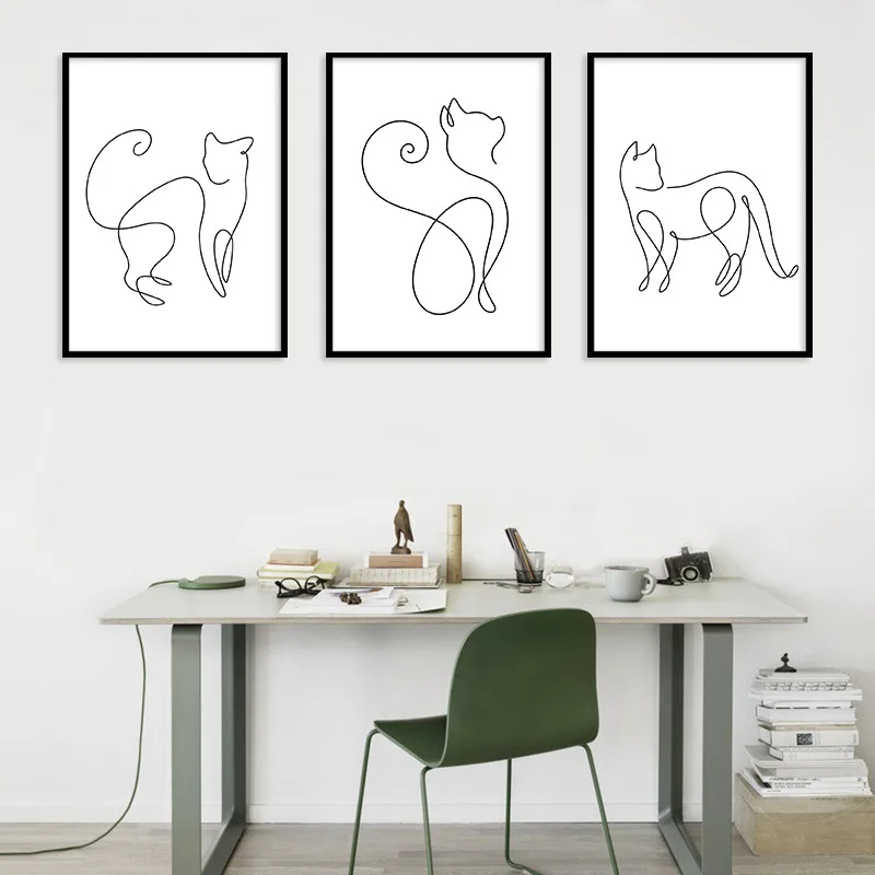 

Nordic Minimalist Black and White Line Cat Animal Canvas Painting Home Decoration Hanging Painting Frameless Wall Art Kitchen