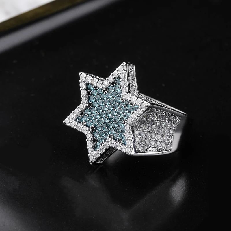 TOPGRILLZ шестиугольник звезда Серебряный Синий Iced Out кубический циркон кольца микро проложили личности хип хоп ювелирные изделия для подарков