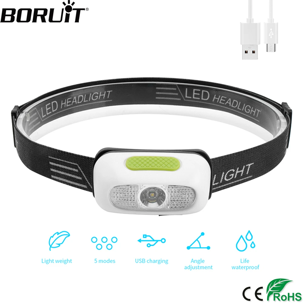 BORUiT B7 XPE светодиодный налобный мини фонарь 500 лм 5 режимный мощный перезаряжаемый