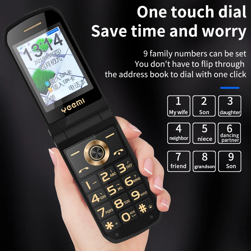 Dual Screen Flip Senior Cellphone 2G GSM Free Case SOS Large Push Button Fast Dial Loud Sound Camera Torch Elderly Foldale Phone 3
