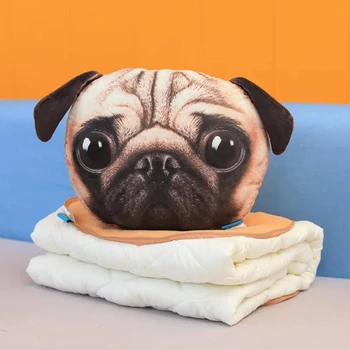 

3D Simulation Sharpei Pug Dog Cat Plush Toy Soft Siberian Husky Pillow Three-in-one Air Condition Quilt Gift For Children