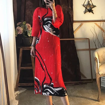 

2020 New LANMREM New Round Neck Batwing Sleeves Printed High Quality Pleated Vintage Dress Pullover Vestido WK83001
