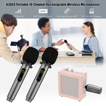 

Portable 10-Channel Rechargeable Wireless Microphones UHF Mics with Receiver Working Distance 50 Feet