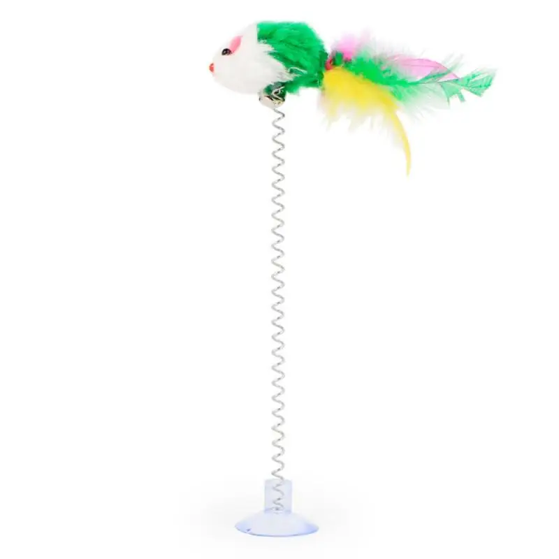 1PC Spring Pet Toy Elastic Spring Color Mouse And Feather Bottom Sucker Pet Cat Toy Product Cat Accessories Decoration Random