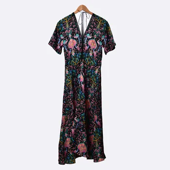 

Women Dress Spring / Summer 2020 Women's V-neck Lace Up Dress with Lace Stitching and Printed Waist