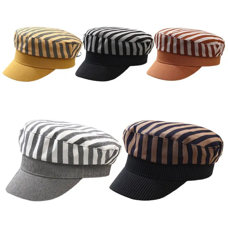 Корейский Харадзюку плоский Топ берет для женщин девочек полосы контрастных цветов печать Защита от солнца газетчик Кепка маляра темно-синяя шляпа