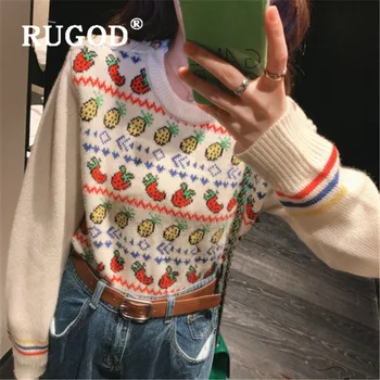 

RUGOD Autumn New Style Fruit Embroidery Loose Knitted Sweaters Women O-neck Kawaii Pullover Fashion 2019