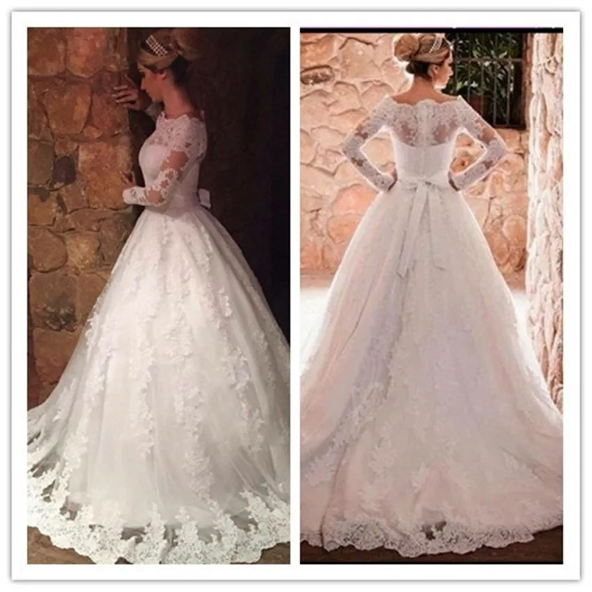 Princess White Lace Appliques Scalloped Hemline Strapless Long Sleeve Zipper Back Ball Gown Dresses For Women Luxury muslim wedding dress