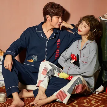 

New Couple Pajamas Unisex Adult Cute Print Casual Cotton Pajamas Set 2 Pieces Cardigan Long Sleeve Sleepwear Female Homewear