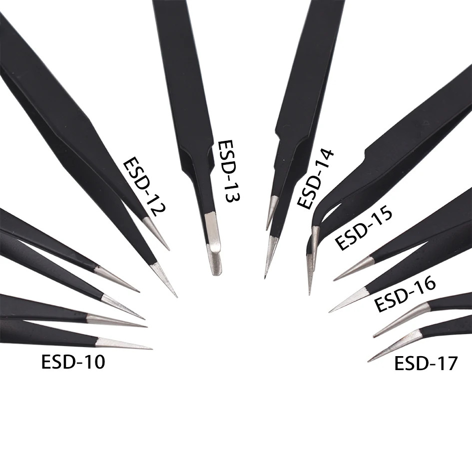 120pcs Yellow Package Black Tweezers HRC40 Antistatic Stainless Steel Nipper ESD-10 11 12 13 14 15 16 17 18 for Repairing