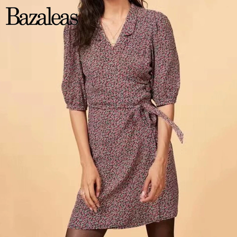 Bazaleas, французское платье с запахом, красное мини платье с цветочным принтом, винтажное женское платье с завязками вокруг талии, модные платья
