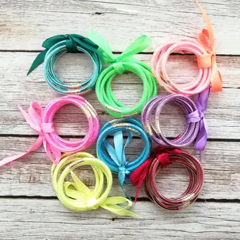 

5Pcs / Set Hot Sale Glitter Jelly Girls Bangles Bracelets Multicolor Filled Silicone Bowknot Bracelets for Kids Bangles Jewelry