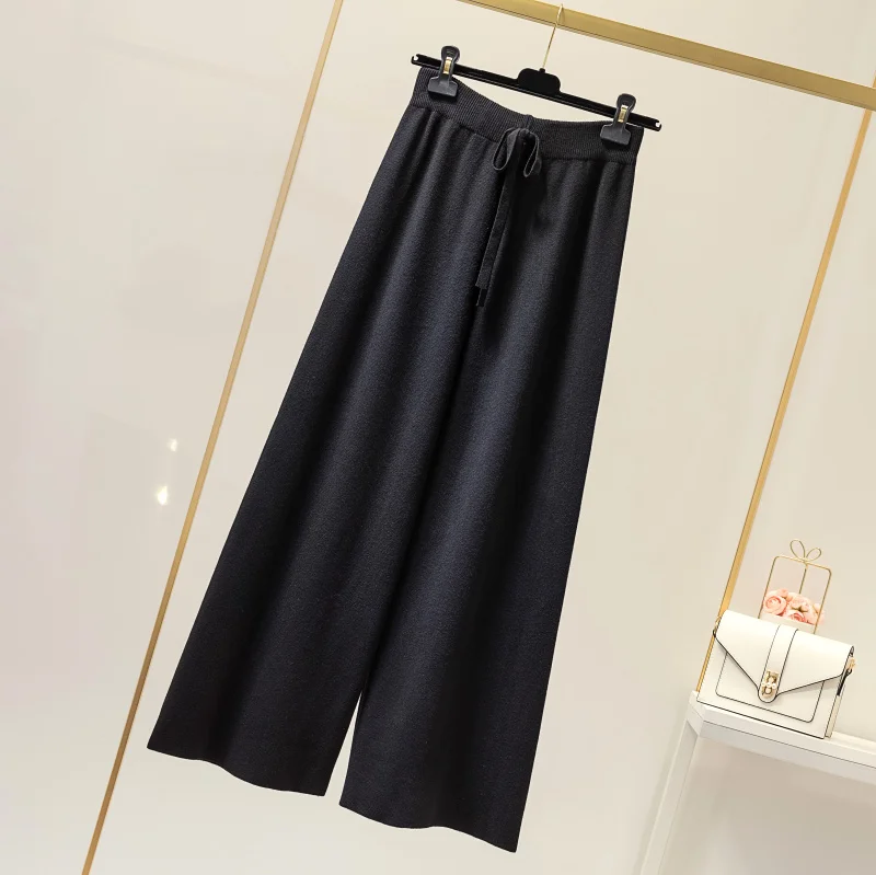 New Autumn Winter Thick Knitted Wide Leg Pants Female Drawstring Loose High Waist Slim Pants 3 Colors Casual Trousers
