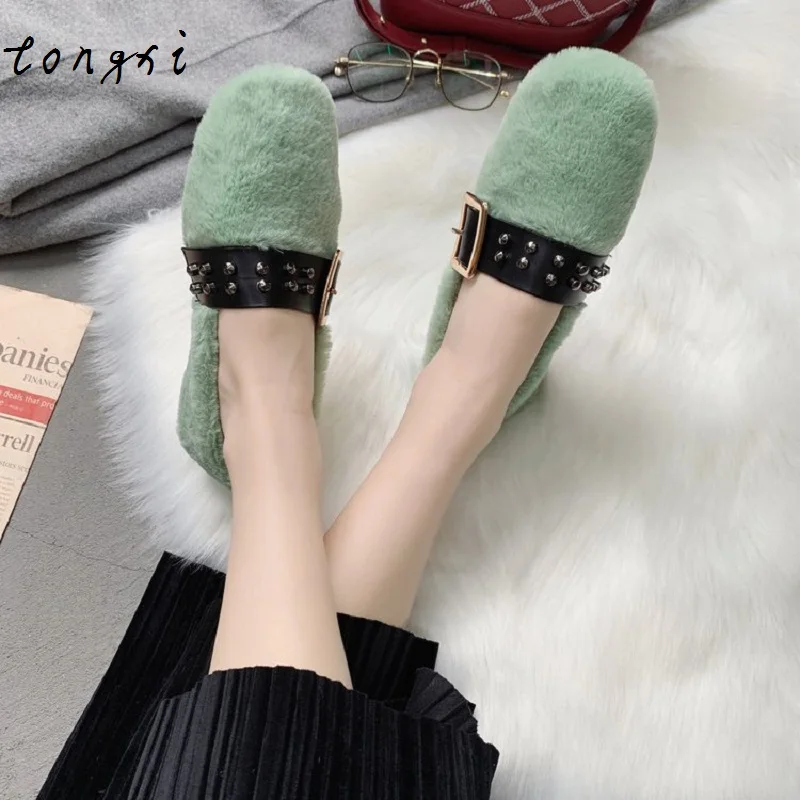 Tongxi/лоферы на меху женская зимняя теплая Повседневная обувь без шнуровки 2019 г.