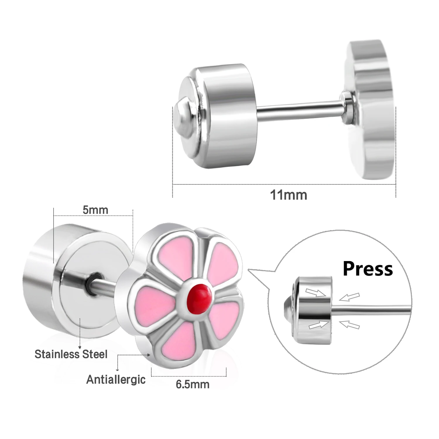 Stud Earrings Pink Flower For Women Girls Stainless Steel Round Ball Crystal