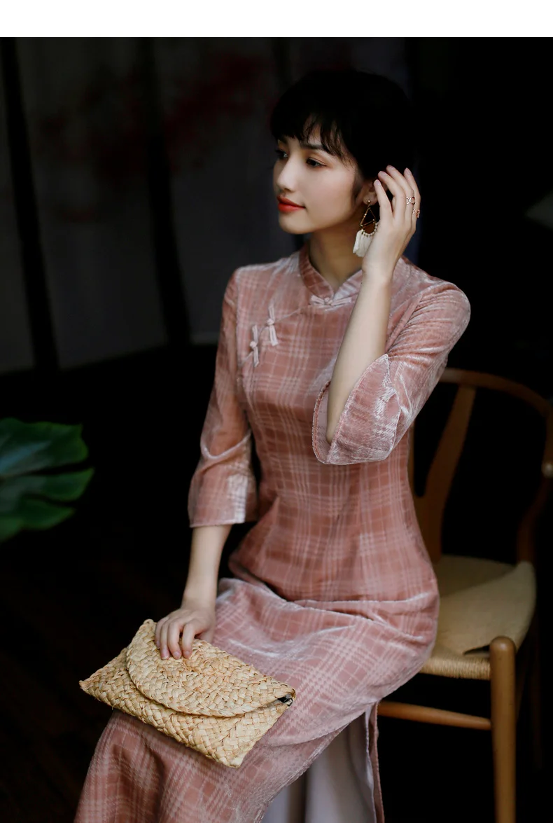 ROJAY Cheongsam клетчатое платье в китайском стиле облегающее платье из вельвета плиссированное платье