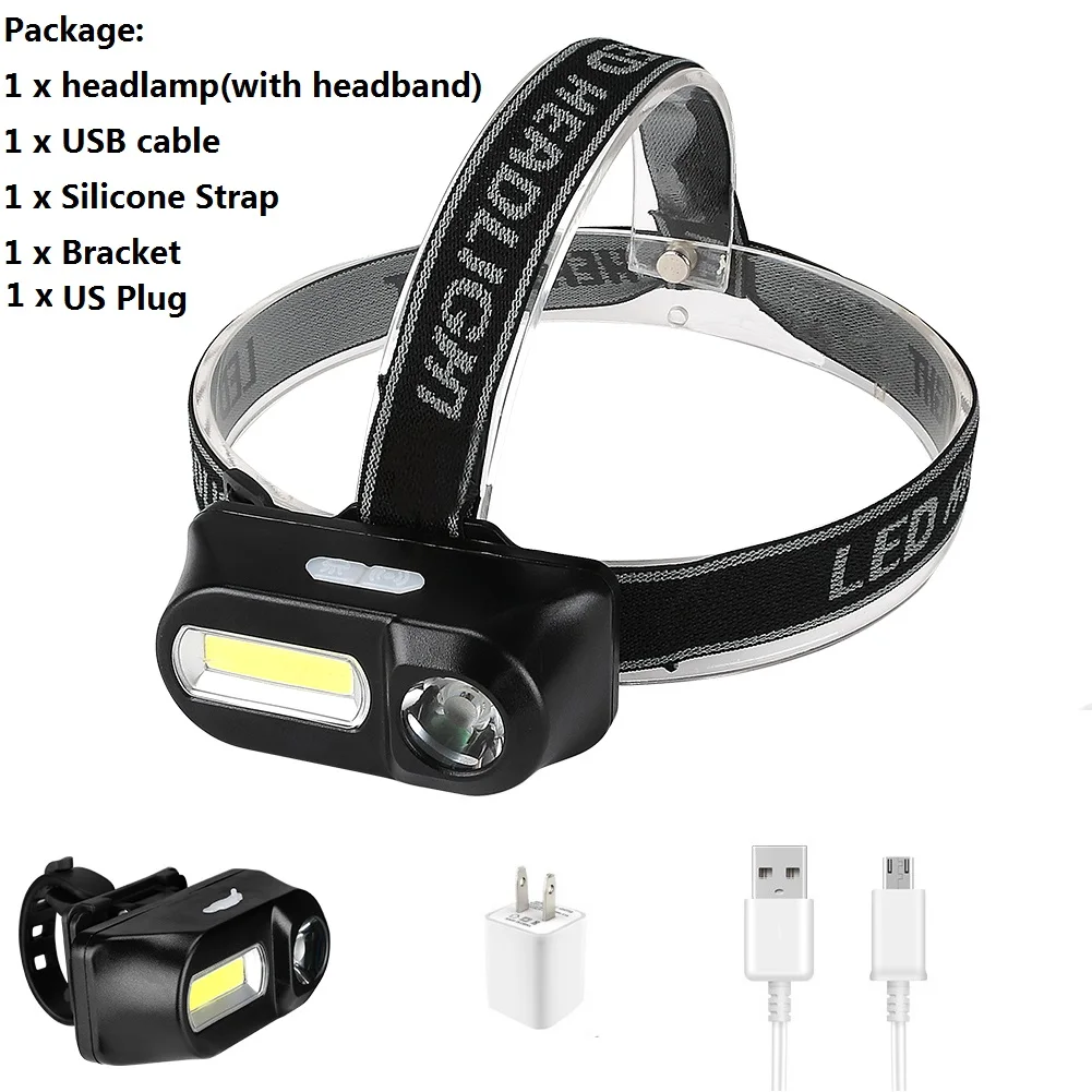 Мини XPE+ COB светодиодный налобный фонарь, рабочий светильник, водонепроницаемый велосипедный головной светильник, перезаряжаемый через USB 18650, фонарь на батарейке, светильник-вспышка для ночного велоспорта - Испускаемый цвет: US Plug