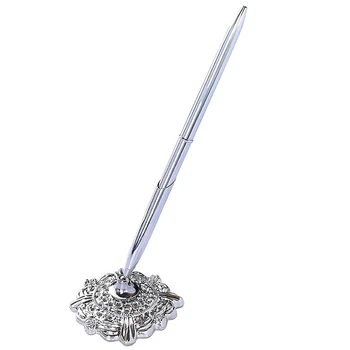 

Hollow Round Pen Holder Signing Pen Set for Wedding Bridal, Silver