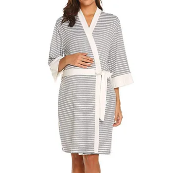 

Pregnant Labor Delivery Striped Tie Waist Home Hospital Breastfeeding Dress Soft Knee Length Maternity Robe Nursing Gown Daily