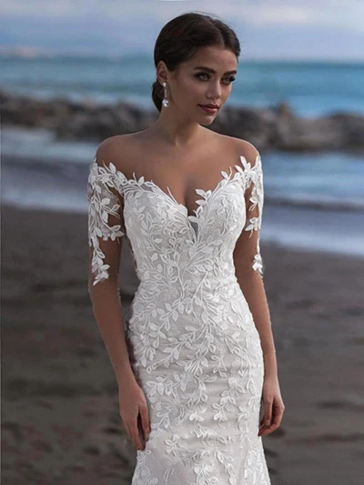 Ivory Смайлик Русалка свадебное платье с длинными рукавами Свадебные платья Boho кружевное платье с аппликацией de soriee турецкие свадебные платья - Цвет: Ivory