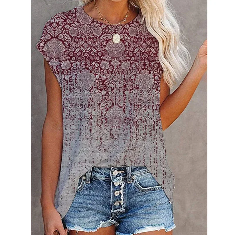 De talla grande mujer camiseta Gradual Retro estampado Vintage de cuello redondo manga corta Camiseta Streetwear moda Casual Europea mujer Tee Top