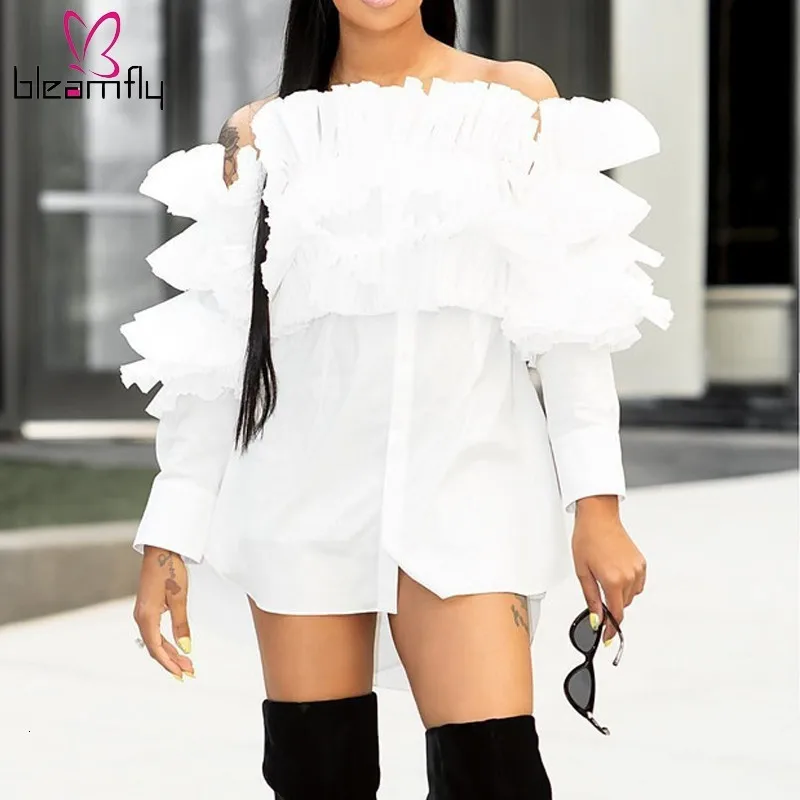

Off Shoulder Cascading Ruffle Shirts Slash Neck Long Sleeve Button Office Ladies Work Blouses Women Elelgant White Shirt Summer