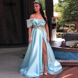 LORIE Sky Blue Evening Dresses Satin One Shoulder Lace Beaded Crystals Second Reception Formal Prom Party Gowns with Slit 2020