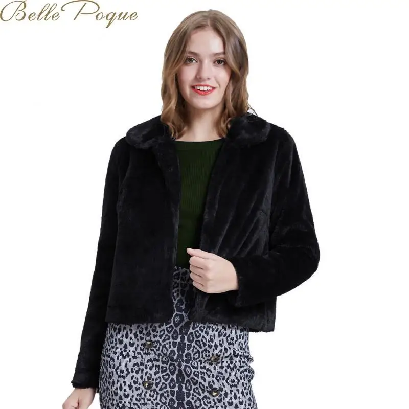 Belle Poque, короткое пальто для женщин, зимнее пальто из искусственного меха, элегантные толстые теплые Топы с длинным рукавом, черные лацканы, тонкая женская куртка