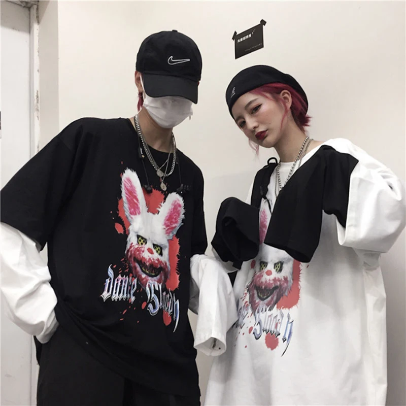 

bloody rabbit Print men T shirt Oversized Couple Top 2019 Vogue Plus size Autumn Patchwork Fake two Long Sleeve women streetwear