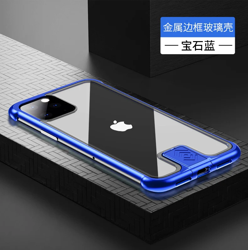Blue Металлический бампер из закаленного стекла, чехол для телефона iPhone 11 Pro Max, роскошная прозрачная алюминиевая рамка, стеклянная задняя крышка для Apple iPhone 11 Pro 11Pro Max, ударопрочный чехол - Цвет: Blue