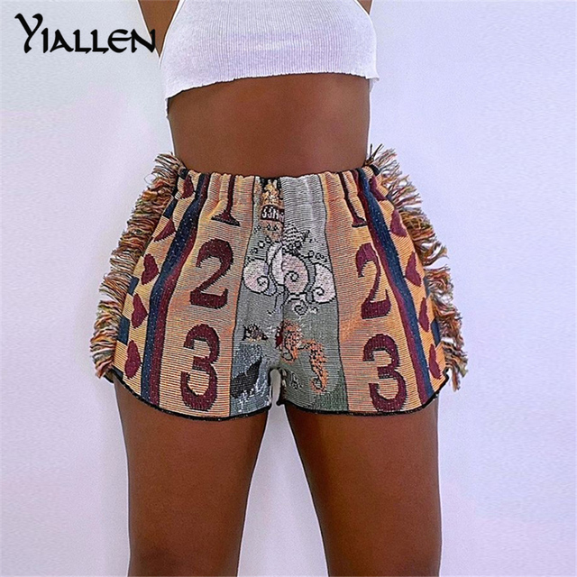 Vintage Print Shorts Women Summer Indie Folk Style Unique Side Tassel Patchwork Pants Hot Hipster Female Clothing Hot