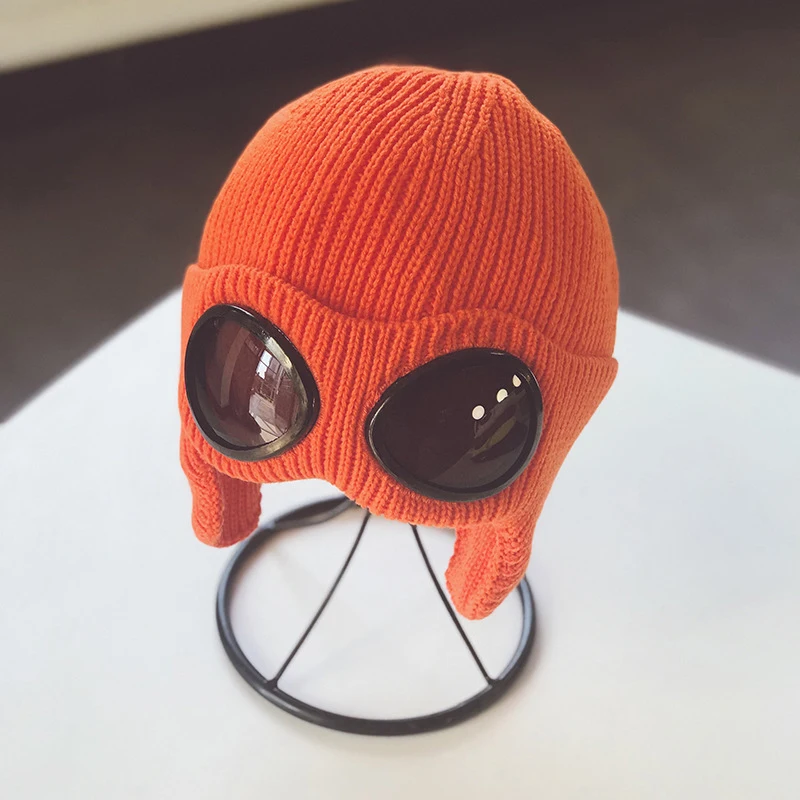 Orange Повседневная зимняя женская вязаная шапочка со съемными очками для женщин и мужчин, Теплые ушанки, шапочки Skullies, лыжная шапка, уличная спортивная шапка - Цвет: Orange