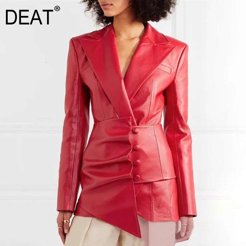 

DEAT 2019 new turn-down collar full sleeves high waist seals single breasted PU leather jacket female coat WJ26903L