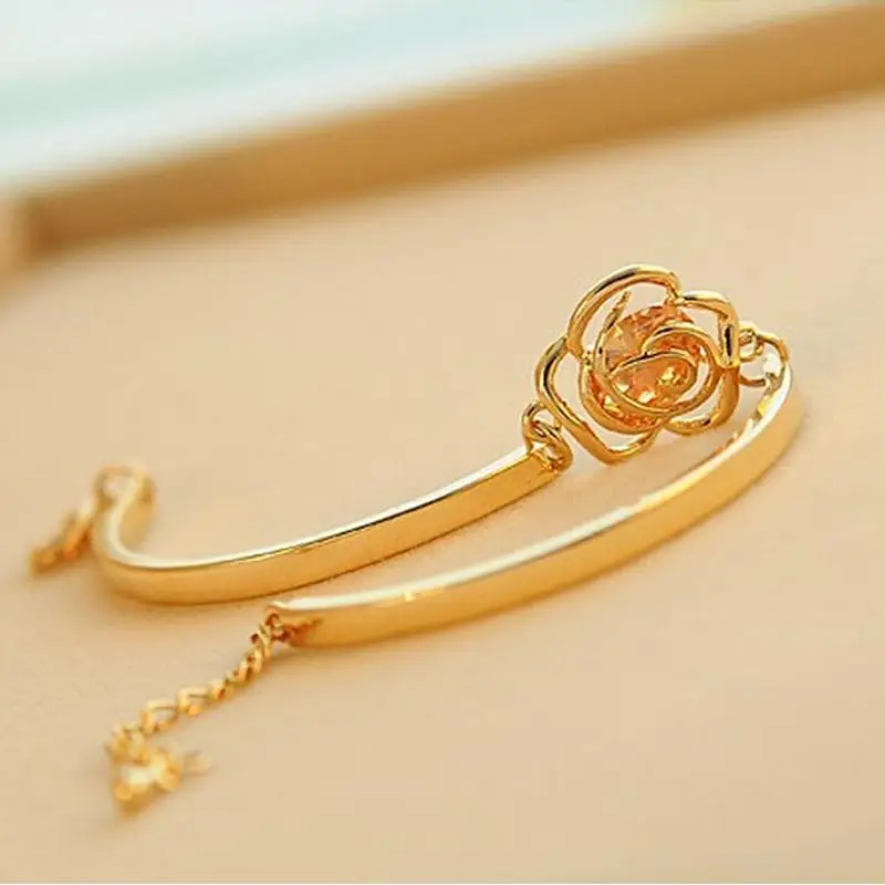 New Arrival Hand Hollow Out Rose Flower Crystal Bracelet Love Heart Shape Women Hand Chain Gold Color Brace 1Pc