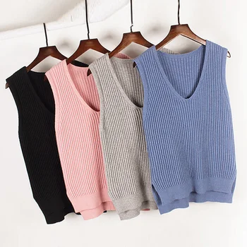 

Autumn Women Sweater Waistcoat 2020 Korean Womens Elegant Student V-neck Pullover Knitting Tops Outerwear Vest Pink Black Blue