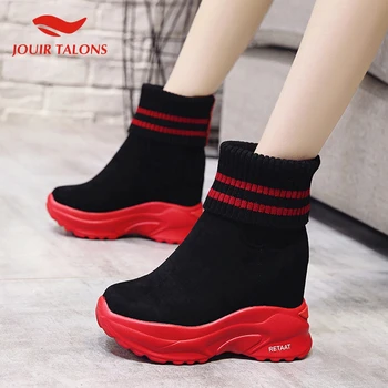

2020 Thick Bottom Height Increasing High Heels Slip On Knitting Ankle Boots Women Shoes Woman