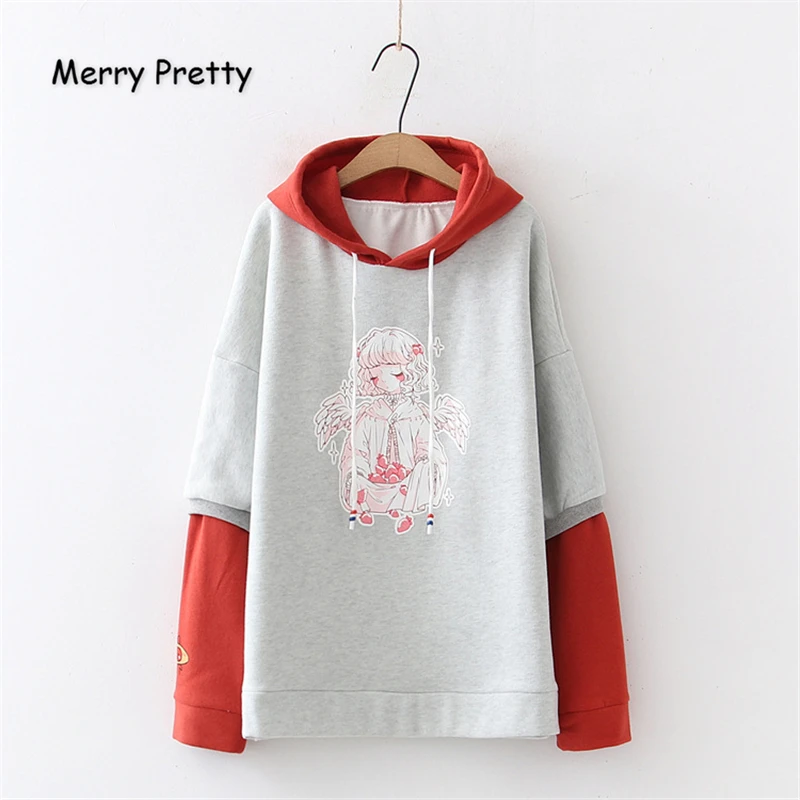 Merry Pretty, женские красные толстовки с мультяшным принтом, толстовки,, зимние, с длинным рукавом, в стиле пэчворк, с капюшоном, плюс бархатные пуловеры