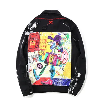 

Graffiti Hip Hop Cartoon Ripped Denim Jackets Mens Casual Distressed Pockets Jeans Jacket Streetwear Fashion Male Tops Coat
