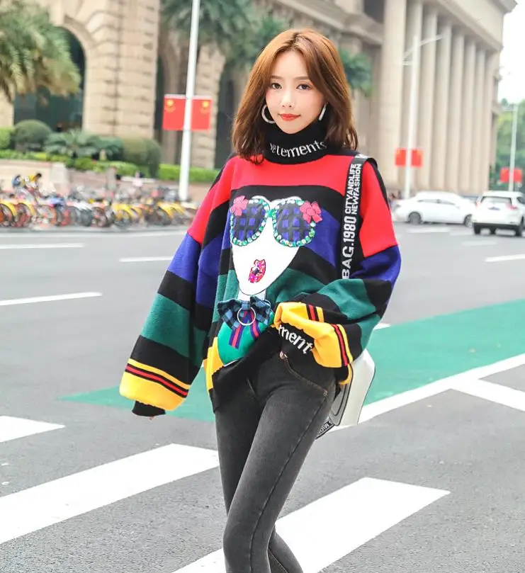 

hodies mulher sweatshirt shein 2019 autumn and winter new high collar striped loose knit cartoon sweatershirt blouse