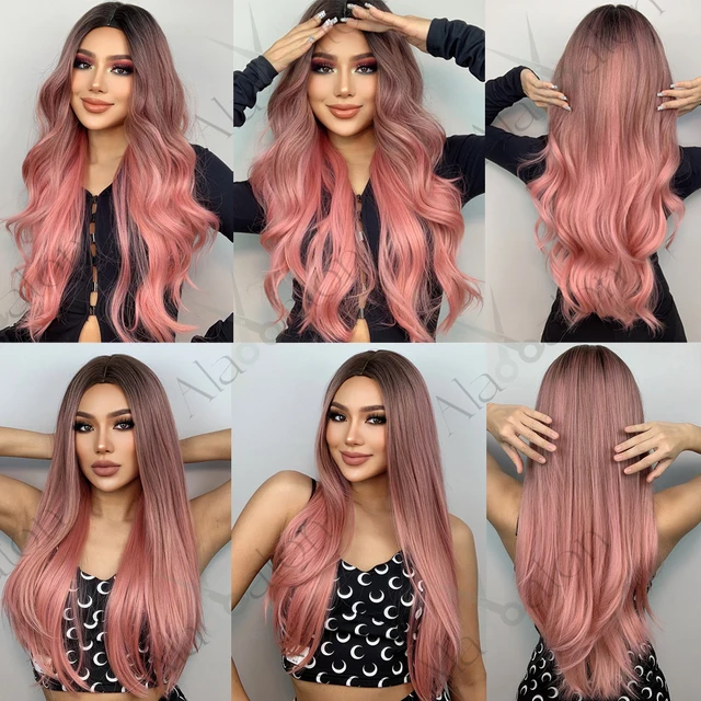ALAN EATON Long Wavy Synthetic Wigs Ombre Black Pink Wigs for Women Cosplay Natural Middle Part Hair Wig High Temperature Fiber 2