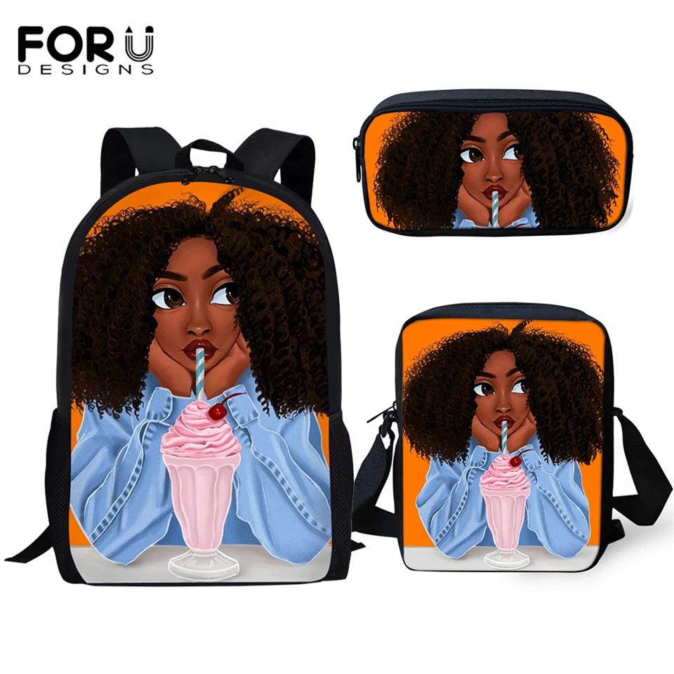 

FORUDESIGNS Fashion Kids Backpacks Black African Girls Pattern Students School Bags Afro Arts Designer Children's Book Bags Set